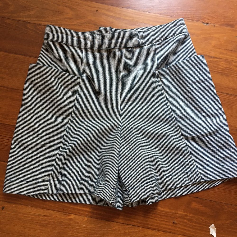 High rise striped denim pocket shorts